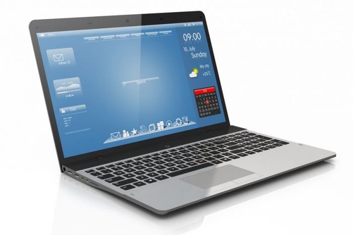 Modern laptop displaying a blue desktop interface with weather and calendar widgets on the screen.