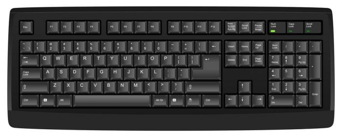 Black computer keyboard with function keys, number pad, and QWERTY layout, viewed from above.