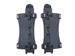 Two black plastic clips aligned vertically on a white background, showcasing their sturdy design and locking mechanism.