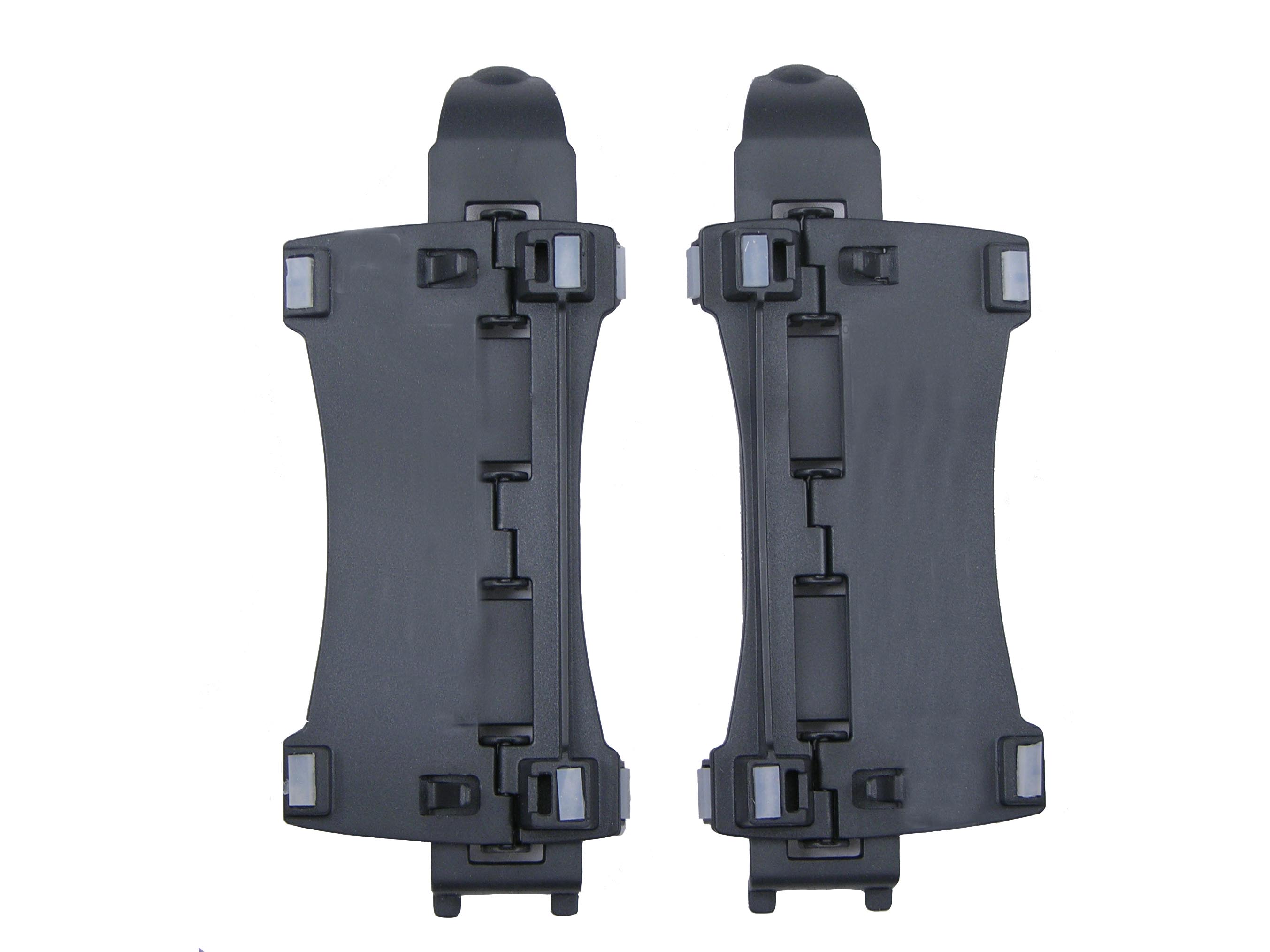 Two black plastic clips aligned vertically on a white background, showcasing their sturdy design and locking mechanism.