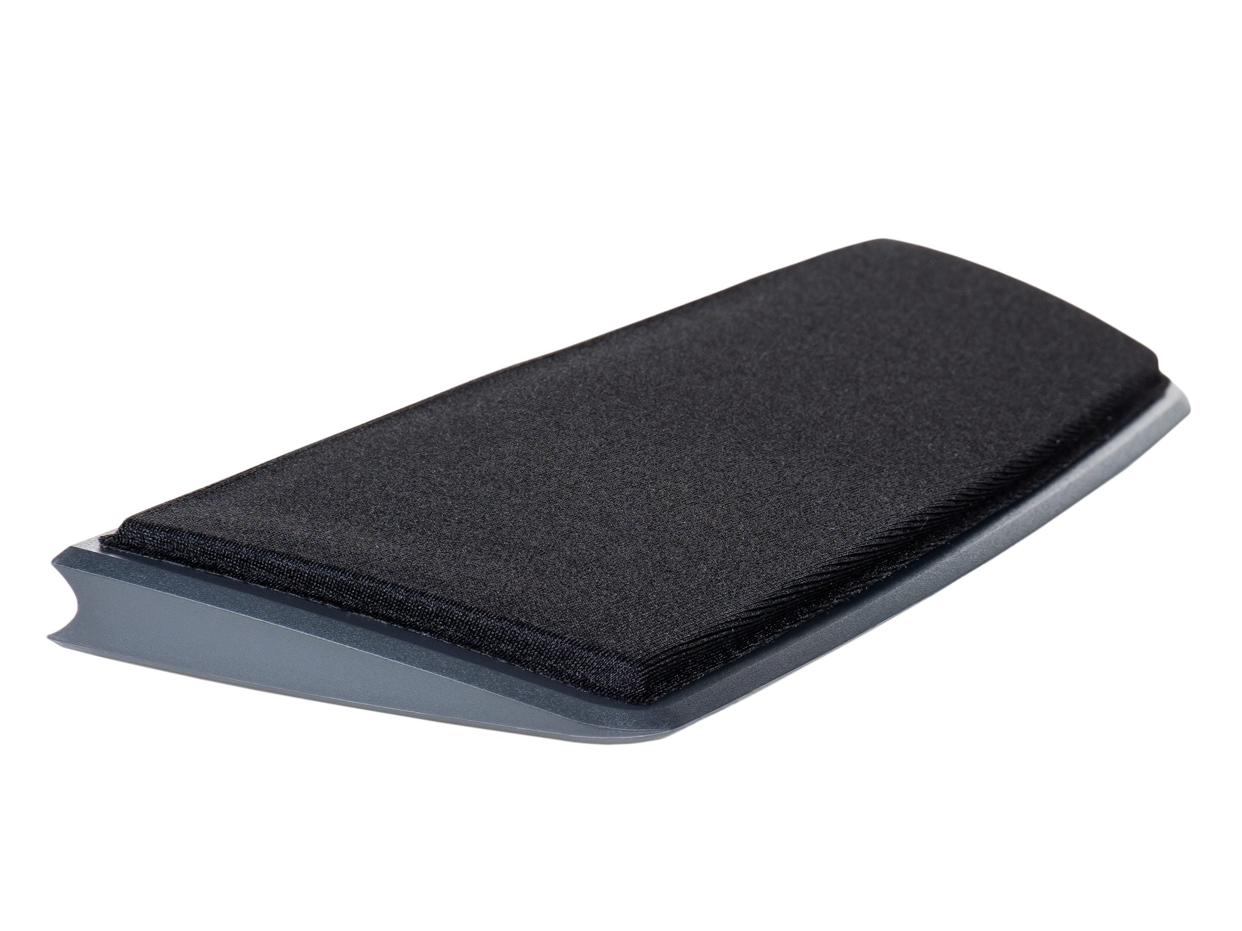 Black ergonomic wrist rest pad for computer mouse or keyboard support on white background.