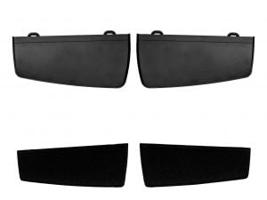 Black automotive sun visors with hooks, isolated on white background. Ideal car interior accessories.