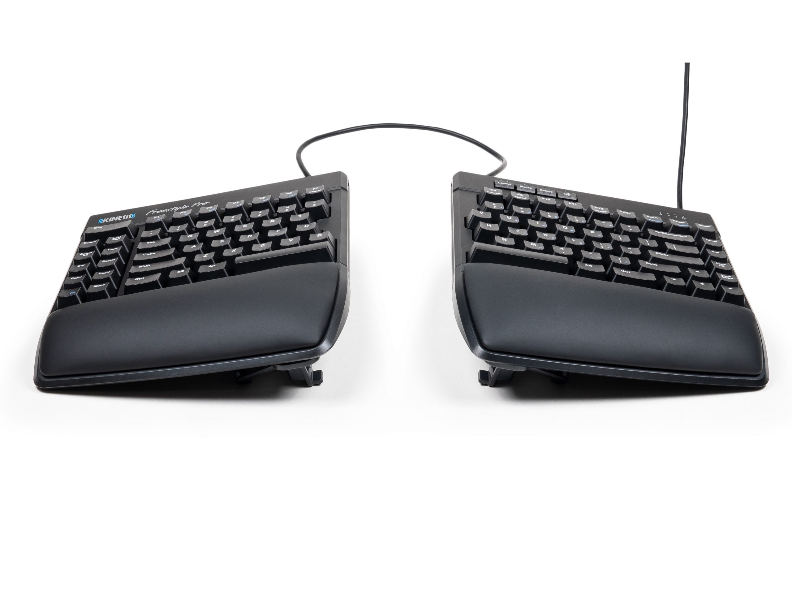 Ergonomic split keyboard with palm rests, designed for comfort and productivity, on a white background.