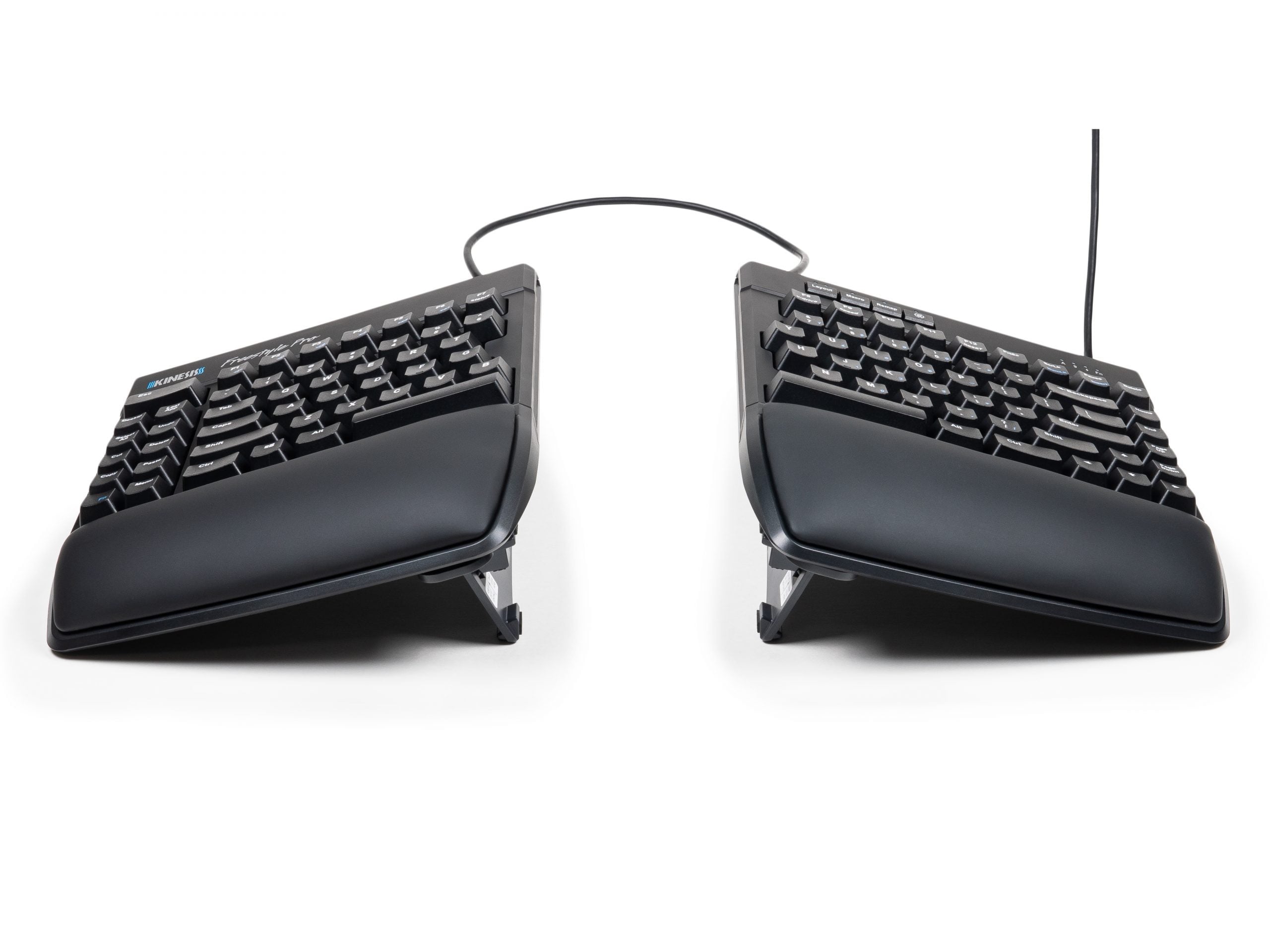 Ergonomic split keyboard with wrist rest, enhancing comfort and productivity for typing and computer use.