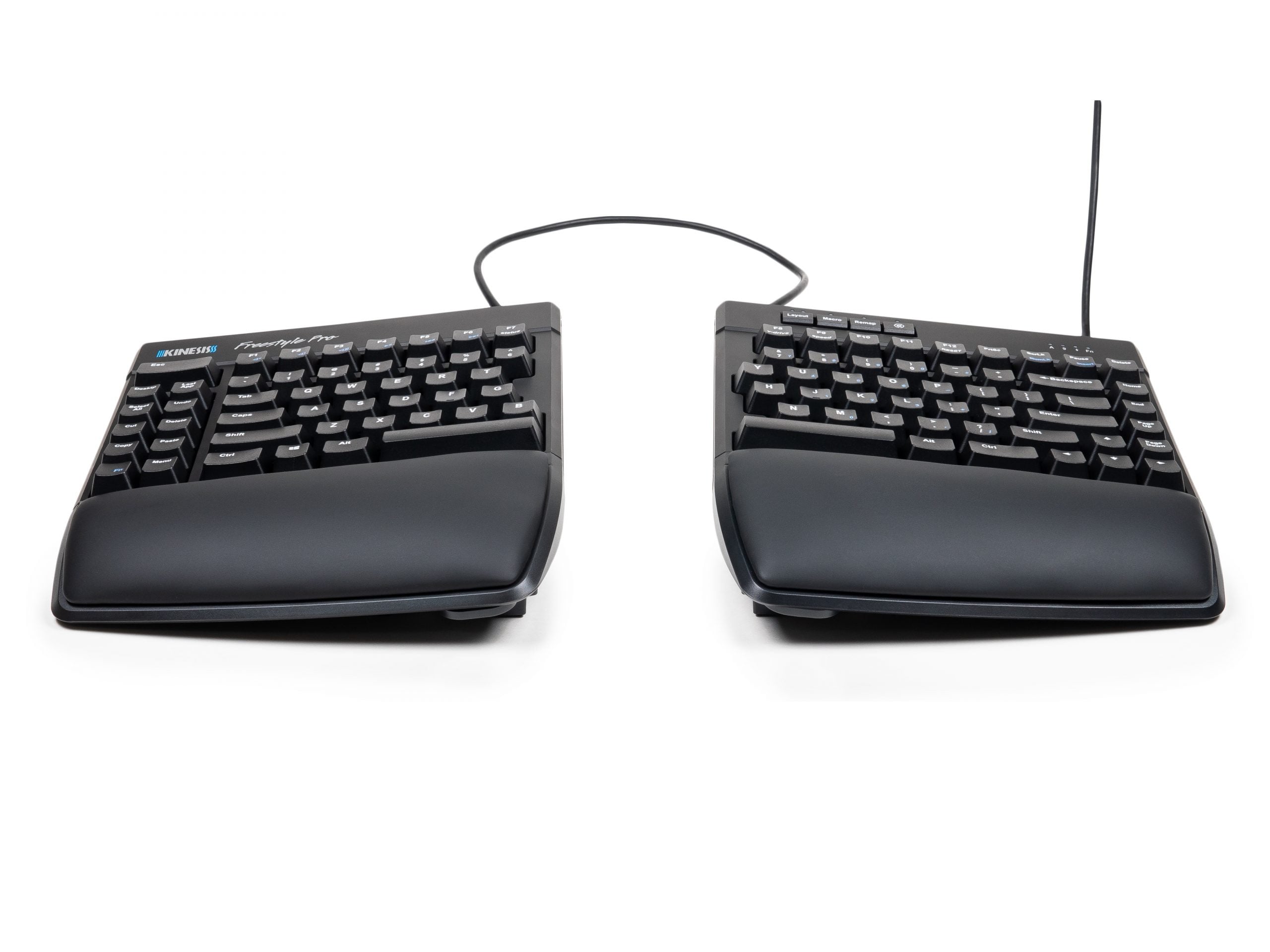 Ergonomic split keyboard with wrist rests and adjustable design for comfortable typing. Ideal for improved posture.