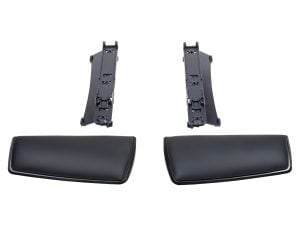 Black car armrest covers and brackets on white background, replacement parts for vehicle interior.