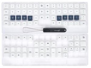 Mechanical keyboard keycap set with key puller, featuring blue and white keys, ideal for customizing and upgrading keyboards.