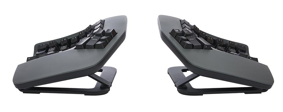 Split ergonomic keyboard with tented design for comfortable typing.