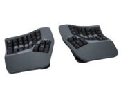 Ergonomic split keyboard with adjustable design for improved typing comfort and posture.