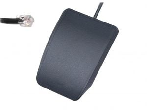 Black USB foot pedal with RJ11 connector plug for transcription or dictation tasks.