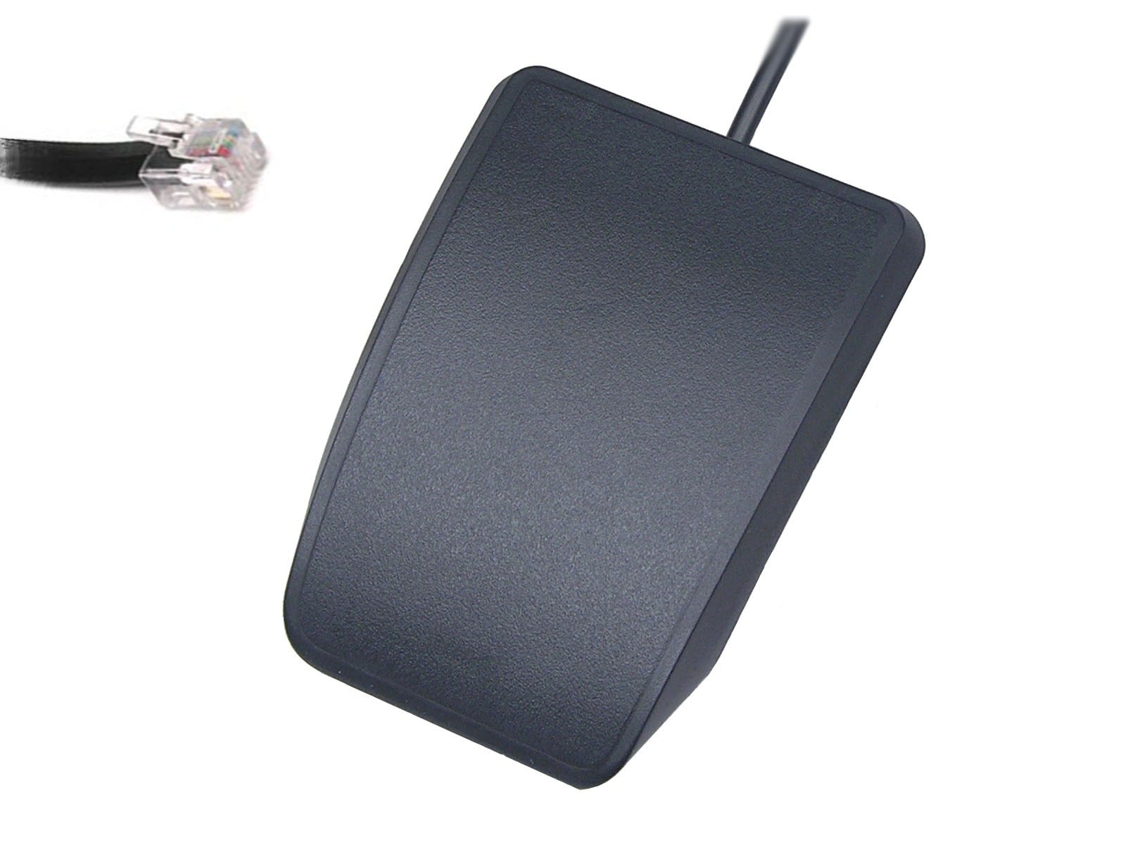 Black USB foot pedal with RJ11 connector plug for transcription or dictation tasks.