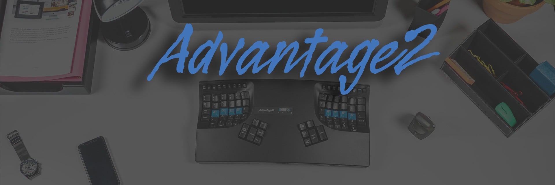 Advantage2 Getting Started Ergonomic keyboard Advantage2 on a modern desk with office supplies, watch, smartphone, and a plant.