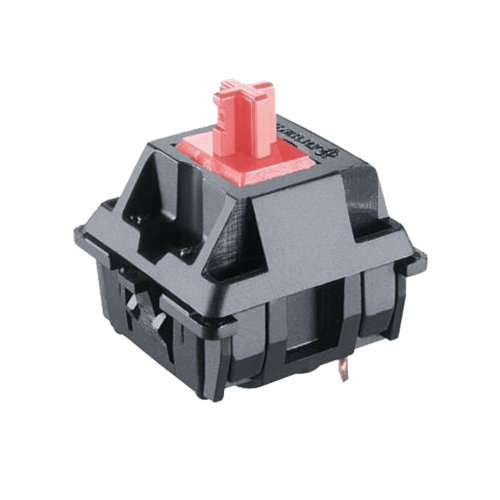 Mechanical keyboard switch with a red stem and black housing, ideal for gaming and typing.