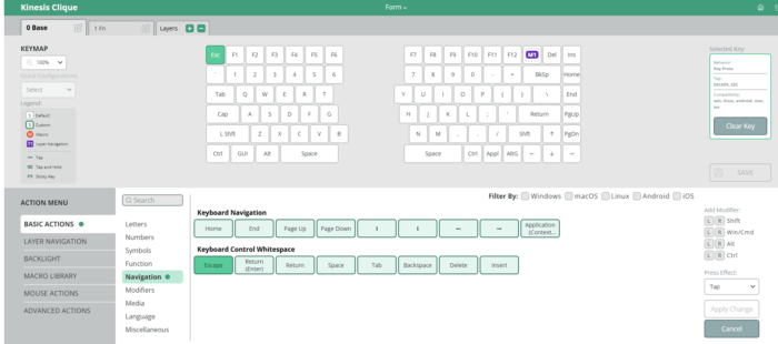 Kinesis Clique keyboard configuration interface with key mapping and navigation options.