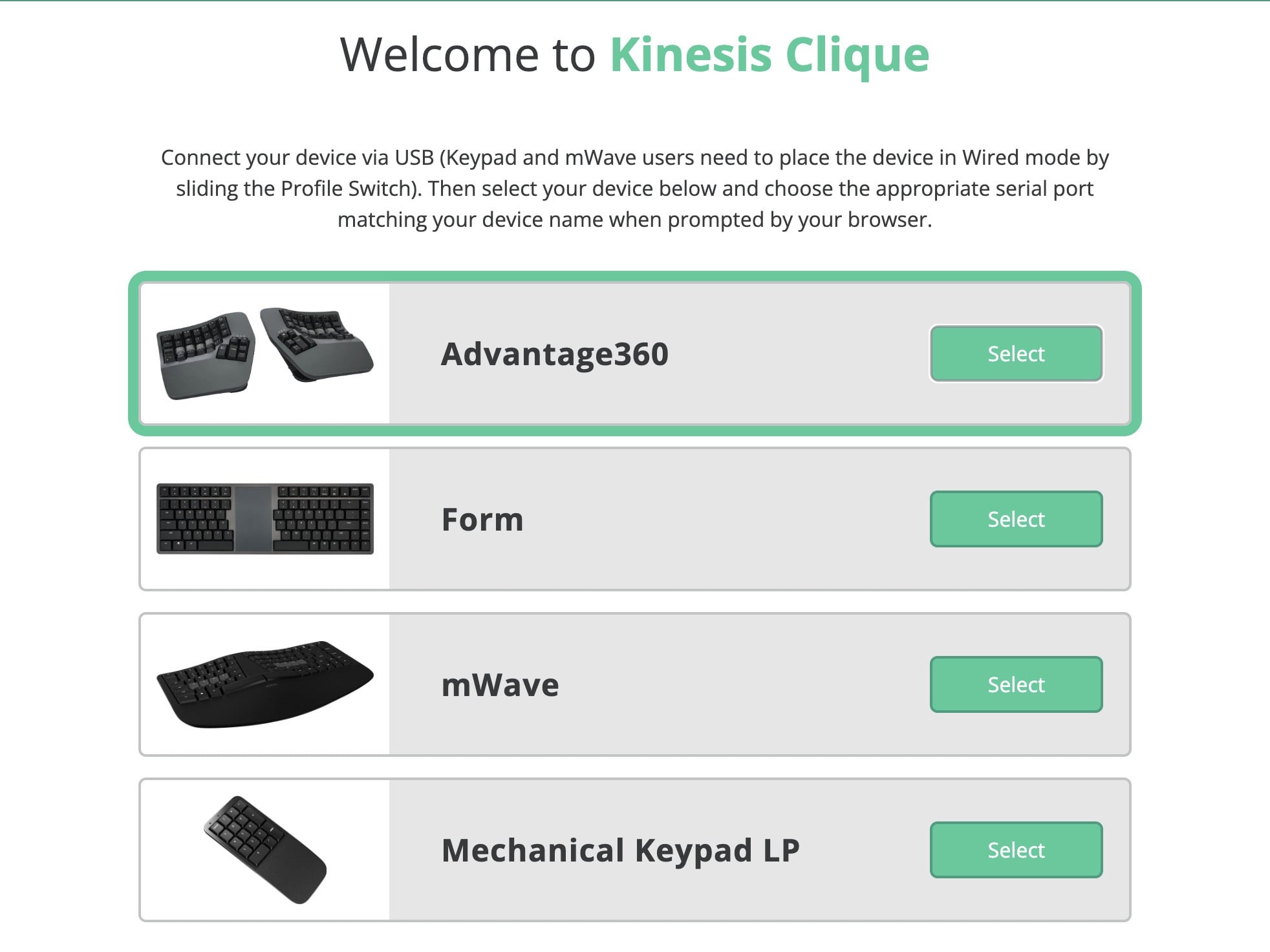 Welcome screen for Kinesis Clique with options to select Advantage360, Form, mWave, or Mechanical Keypad LP.