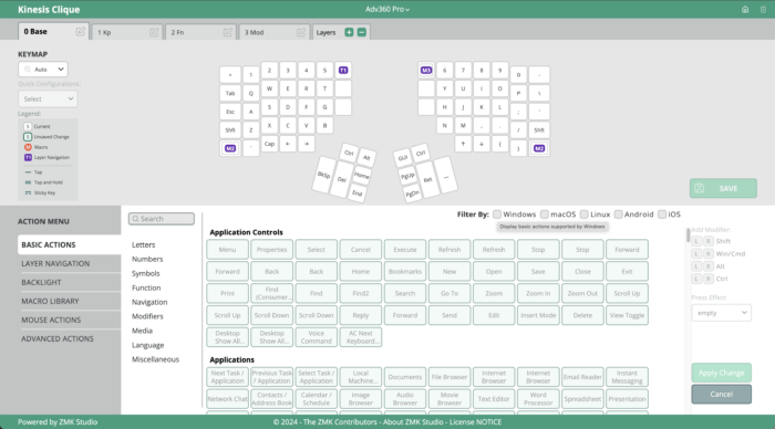 Clique_Adv360_Basic Actions Custom keyboard layout interface for Kinesis Clique with application controls and key mapping options.