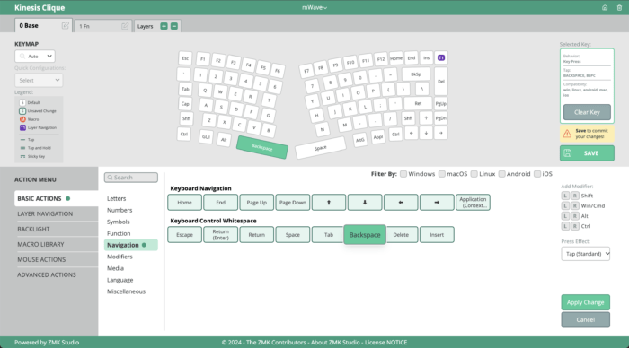Kinesis keyboard customization interface with key remapping options and OS filters for personalized setup.