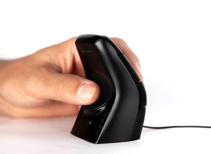 Hand holding an ergonomic vertical mouse, showcasing adjustable side buttons for improved comfort and usability.