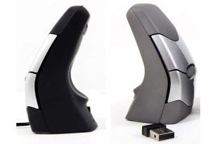 Ergonomic vertical computer mouse with USB dongle, featuring a sleek black and silver design for improved hand comfort.