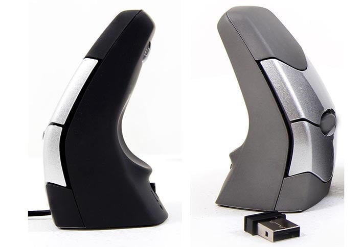 Ergonomic vertical computer mouse with USB dongle, featuring a sleek black and silver design for improved hand comfort.