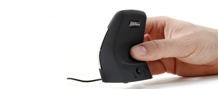 Ergonomic DXT mouse held in hand, showcasing comfortable design for improved wrist posture and precision.