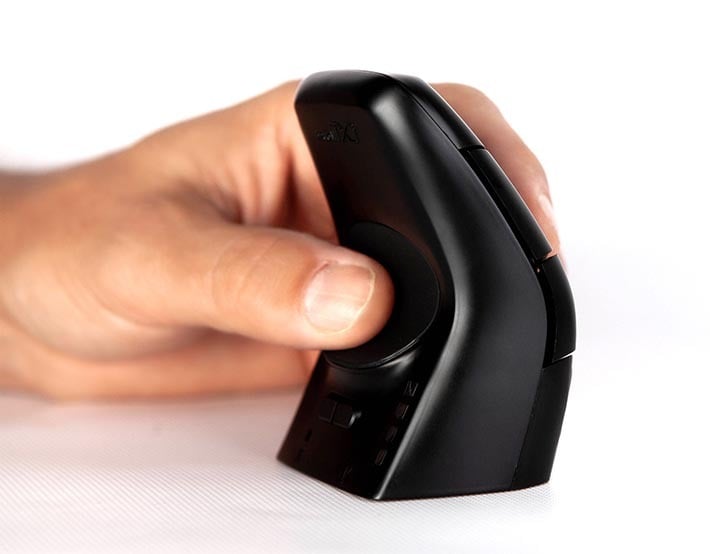 Hand holding an ergonomic vertical mouse, showcasing adjustable side buttons for improved comfort and usability.