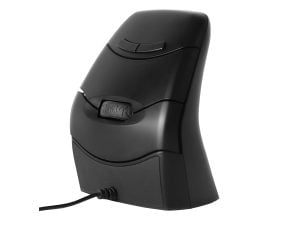 Ergonomic vertical wired computer mouse with black design for improved comfort and wrist support.