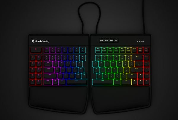RGB split gaming keyboard with ergonomic design and wrist rest, perfect for enhanced gaming performance and comfort.