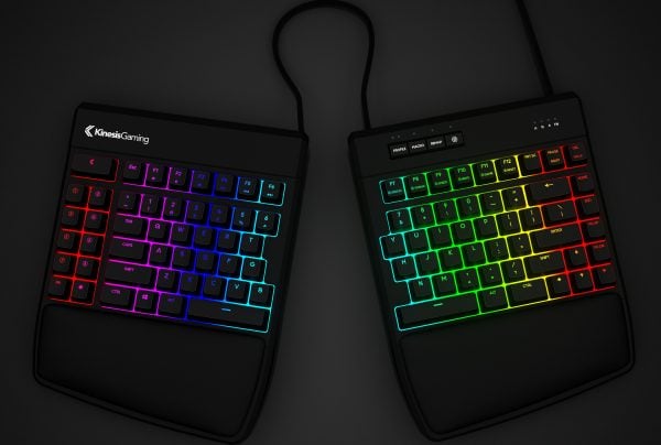 RGB split mechanical gaming keyboard with ergonomic design and vibrant backlit keys for enhanced gaming experience.