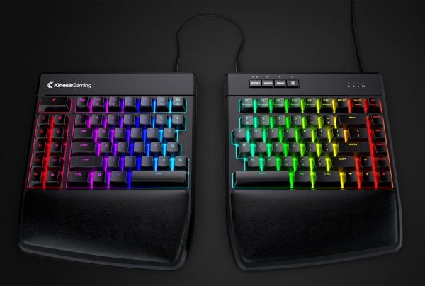 RGB split ergonomic gaming keyboard with vibrant backlighting on a black background.