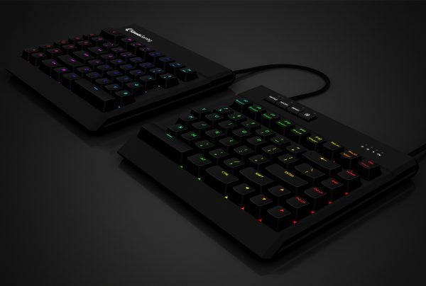 Split ergonomic keyboard with customizable RGB backlighting on a dark background.
