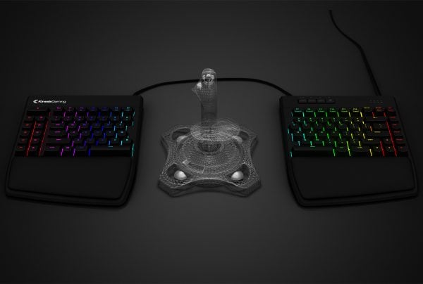 Split RGB gaming keyboards with central joystick against a dark background, showcasing vibrant backlit keys.