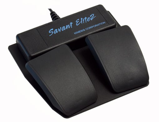 Dual pedal USB foot switch by Kinesis for hands-free computer control and productivity enhancement.
