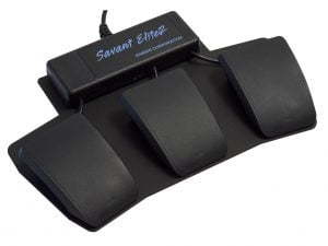 Triple foot pedal controller for hands-free computer control, black, featuring ergonomic design by Kinesis Corporation.