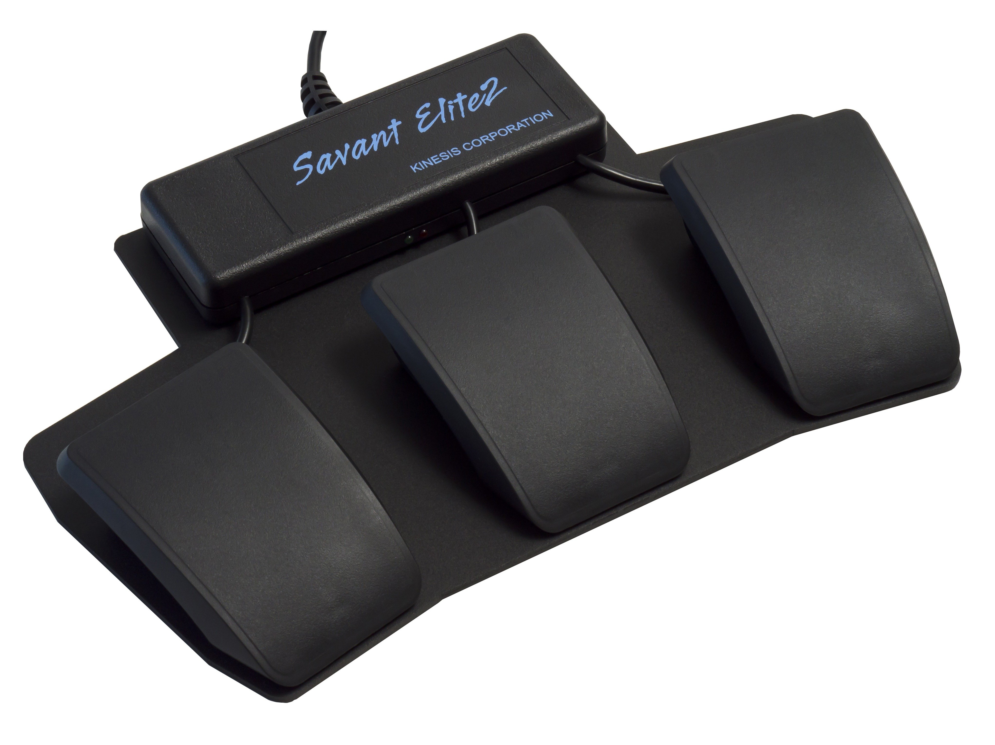 Triple foot pedal controller for hands-free computer control, black, featuring ergonomic design by Kinesis Corporation.