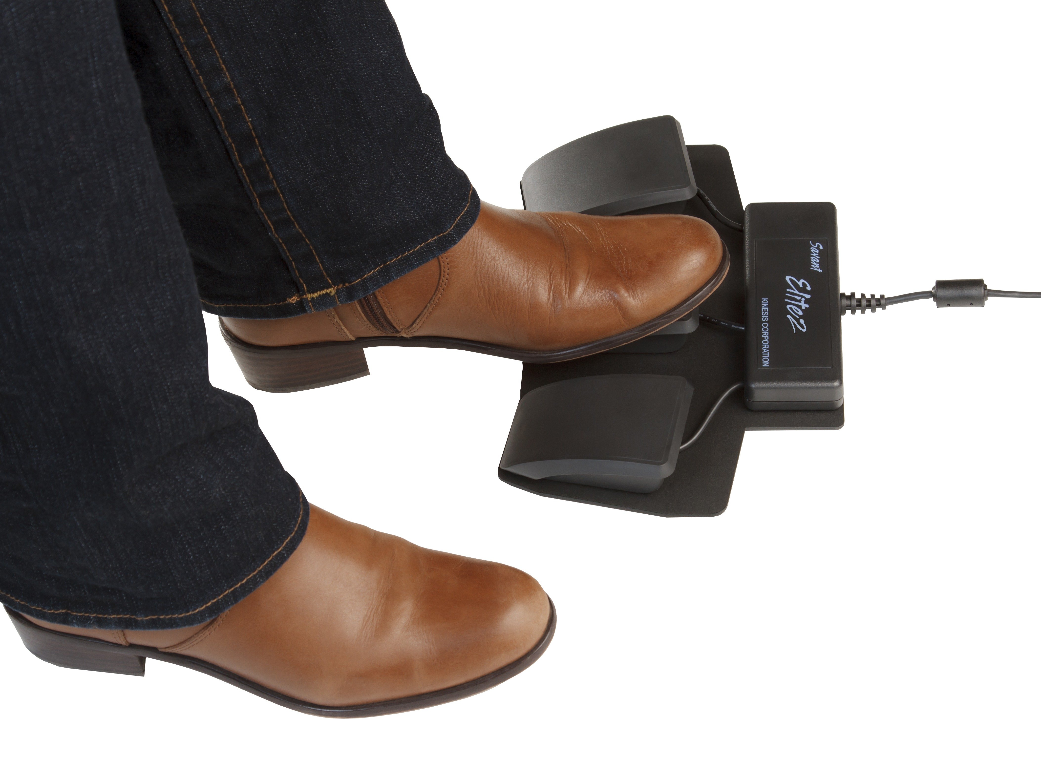 Brown boots operating a USB foot switch pedal for hands-free computer control.