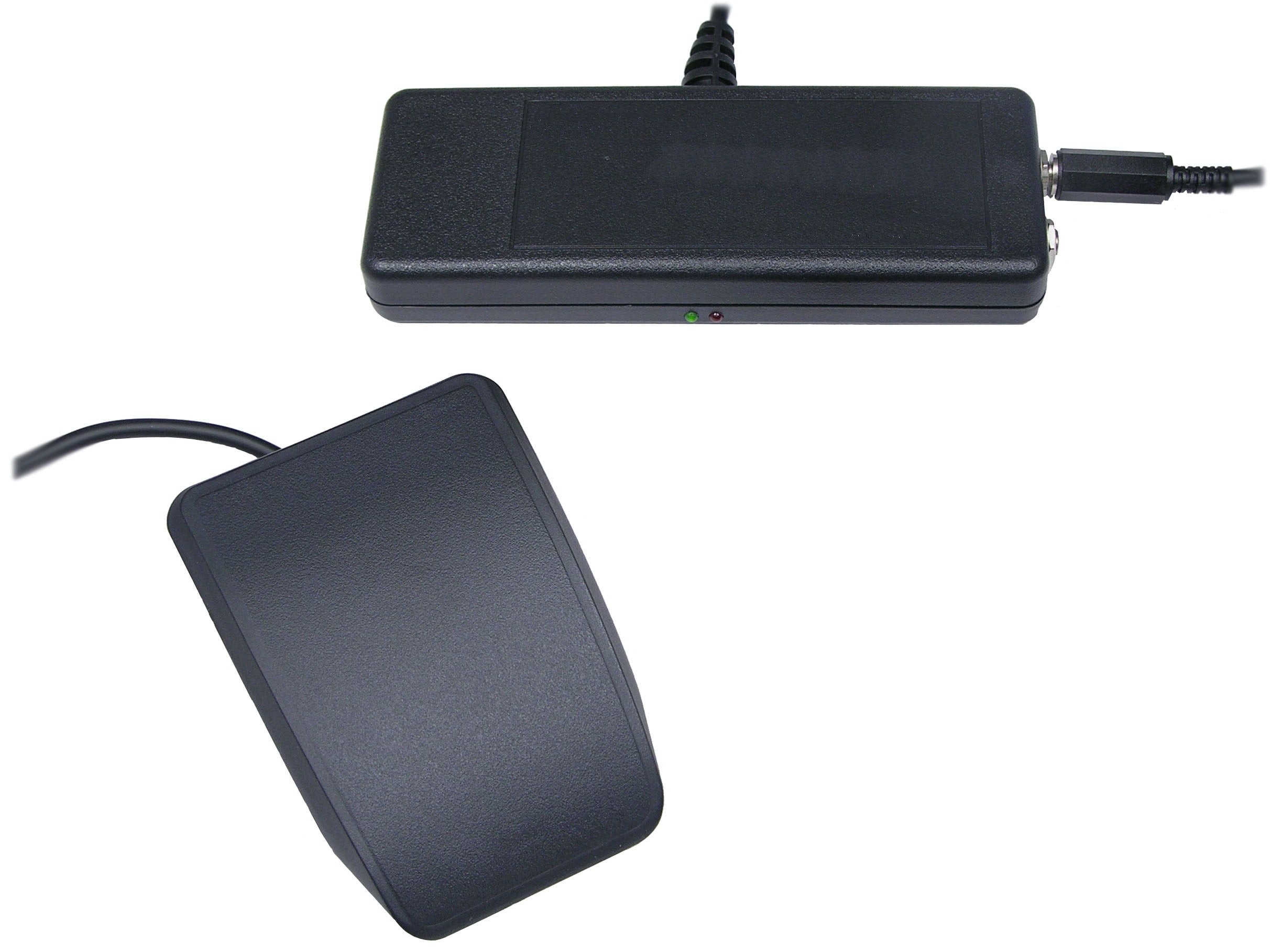 Black electronic foot pedal and adapter with cables, used for hands-free device control.