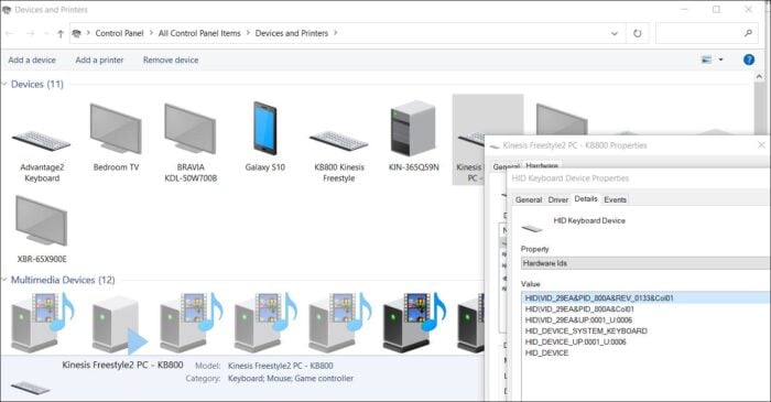 Device manager window shows connected devices: keyboard, TVs, smartphone, and Kinesis Freestyle2 PC properties open.