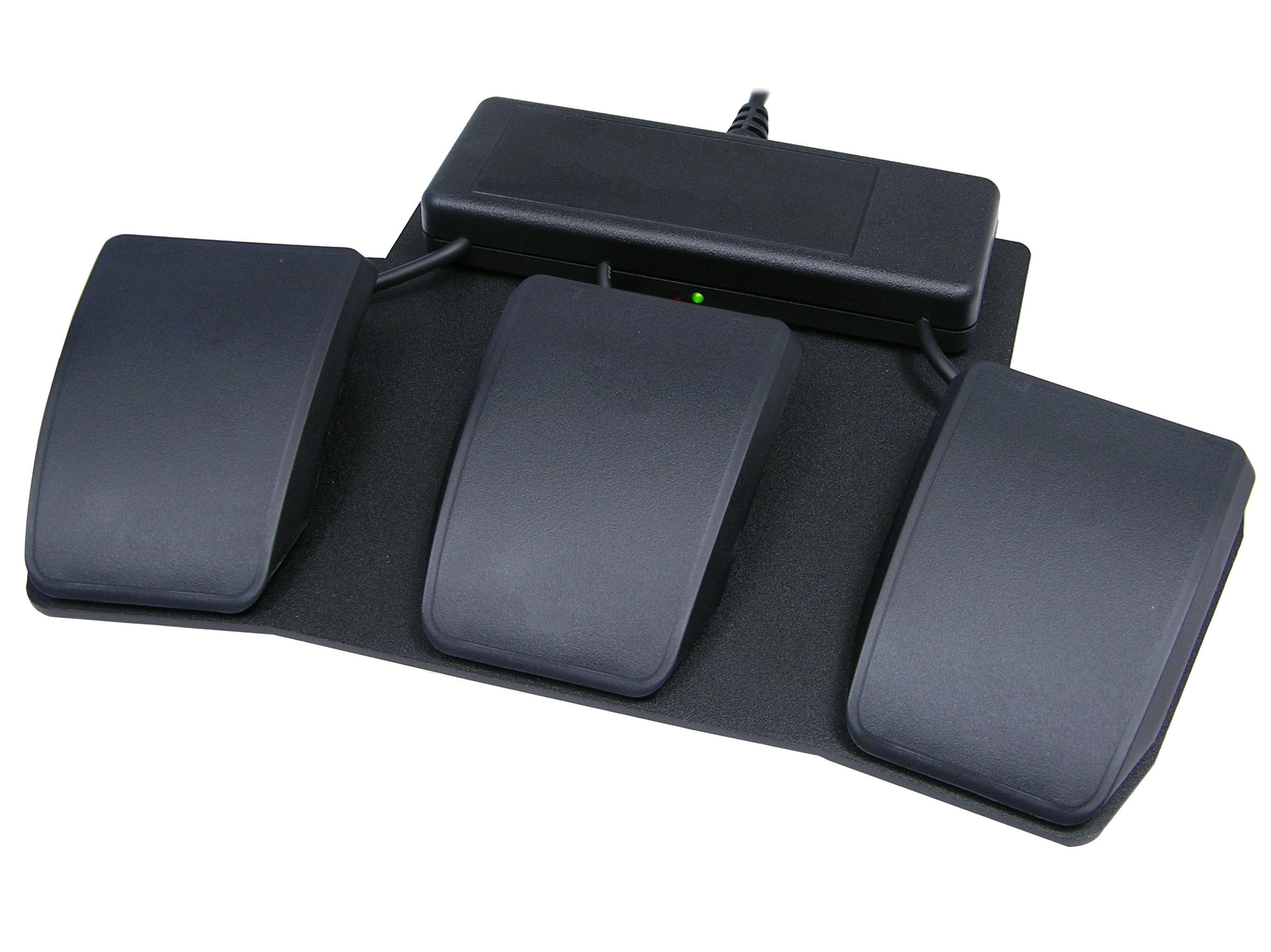 Three-button USB foot pedal for hands-free control and efficiency in transcription and dictation tasks.