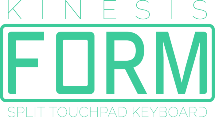 Kinesis Form Split Touchpad Keyboard Logo in bold green letters on a dark background for ergonomic design branding.