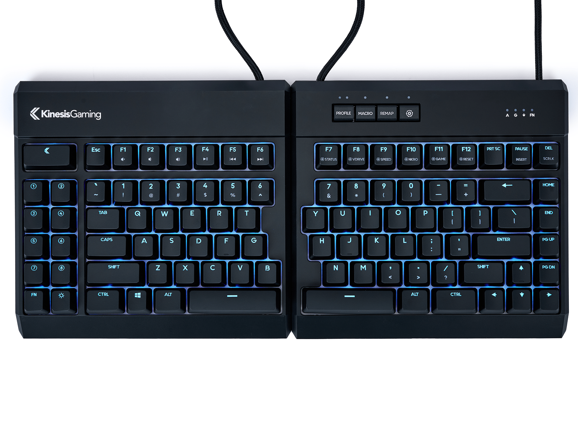 Ergonomic split mechanical keyboard with backlit keys for gaming and productivity.