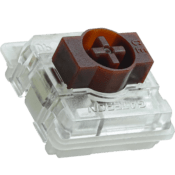 Mechanical keyboard switch with brown stem, transparent housing, showcasing tactile feedback and durable design.