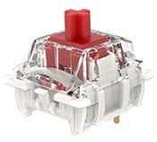 Mechanical keyboard switch with a red stem and black housing, ideal for gaming and typing.