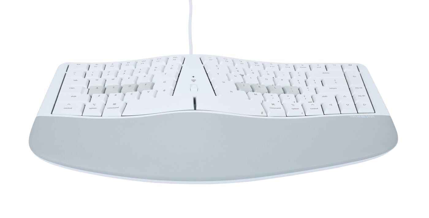 Ergonomic split keyboard with wrist support for improved typing comfort and posture, ideal for office use and productivity.