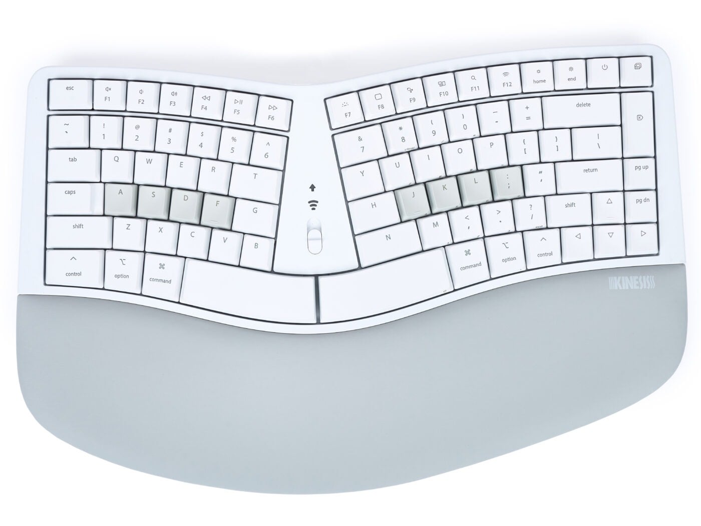 Ergonomic split keyboard with a curved design and wrist rest for improved typing comfort and posture.