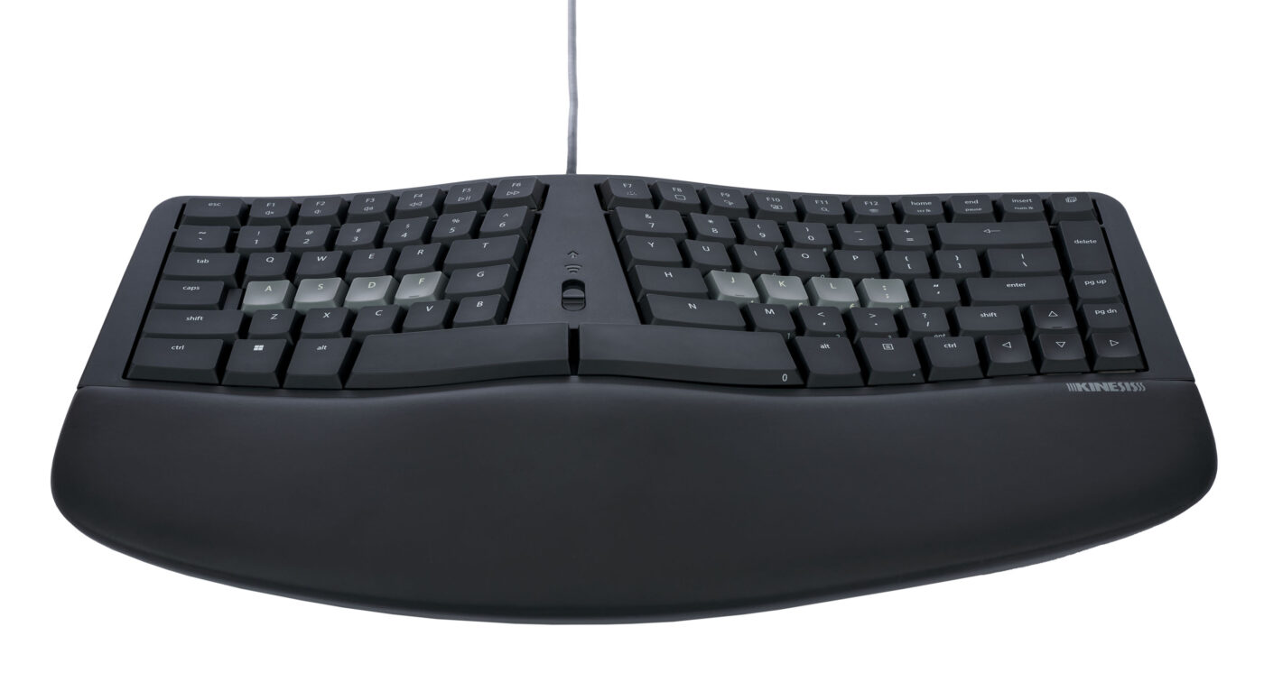 Ergonomic split keyboard with cushioned wrist rest for comfortable typing and improved posture.