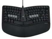 Ergonomic split keyboard with backlit keys and wrist support for comfortable typing and reduced strain.