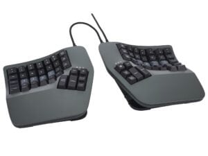 Split ergonomic keyboard with customizable key layout for comfortable typing.