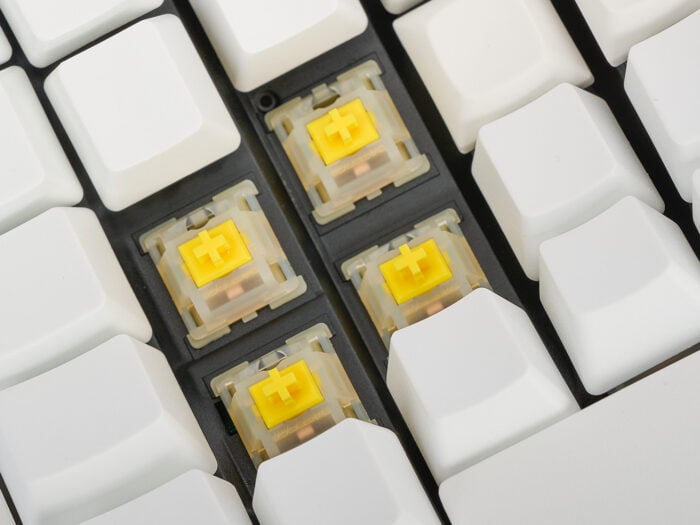 KB360 LTD26 Milky Yellow Switches Closeup view of Advantage360 Limited with keycaps removed showing gateron milky yellow key switches