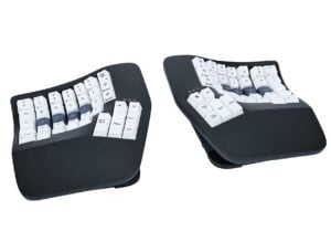 Ergonomic split keyboard with black and white keys designed for enhanced comfort and typing efficiency.